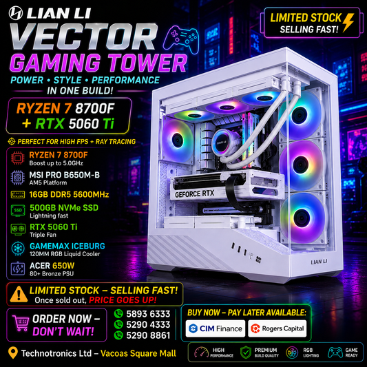 LIAN LI VECTOR GAMING TOWER |Ryzen 7 8700F|16GB DDR5|500 GB NVMe SSD|RTX 5060 TI