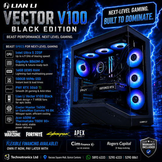 Lian Li Vector V100 Black Edition Gaming Tower | Intel Ultra 5 225F CPU | 16GB DDR5 RAM | 500GB NVMe SSD | PNY RTX 5060TI