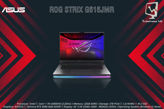 ASUS ROG STRIX G615JMR | Processor: Intel®️ Core™️ i9-14900HX | Memory: 32GB DDR5 | Storage: 1TB PCIe®️ 4.0 NVMe™️ M.2 SSD | Graphics: NVIDIA®️ GeForce RTX 5060 8GB GDDR7