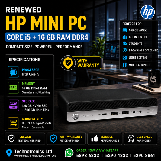 Renewed HP Mini PC | Processor: Intel Core i5 – 8th Gen | Memory: 16 GB DDR4 RAM | Storage: 128GB NVMe +500 GB Hard Disk