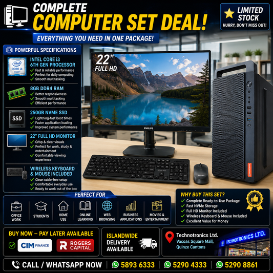 Complete Set CORE I3 6TH GEN SET, 8 GB RAM DDR4, 250 GB NVME, 22 inch Screen,Wireless Keyboard and mouse and Free GIfts