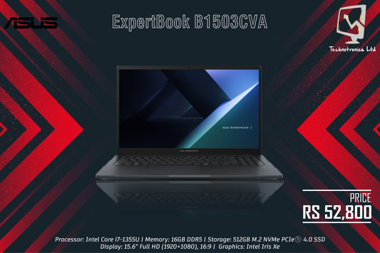 ASUS ExpertBook B1503CVA (I716512GMUX) | Processor: Intel Core i7-1355U | Memory: 16GB DDR5 | Storage: 512GB M.2 NVMe PCIe | Display: 15.6” Full HD (1920×1080), 16:9 | Graphics: Intel Iris Xe