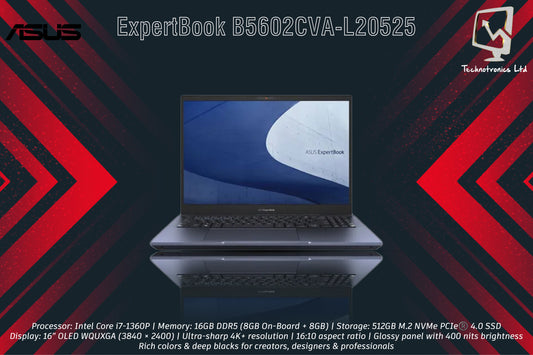 ASUS ExpertBook B5602CVA-L20525 | Processor: Intel Core i7-1360P | Memory: 16GB DDR5 | Storage: 512GB M.2 NVMe PCIe |  Display: 16” OLED WQUXGA | Ultra-sharp 4K+ resolution
