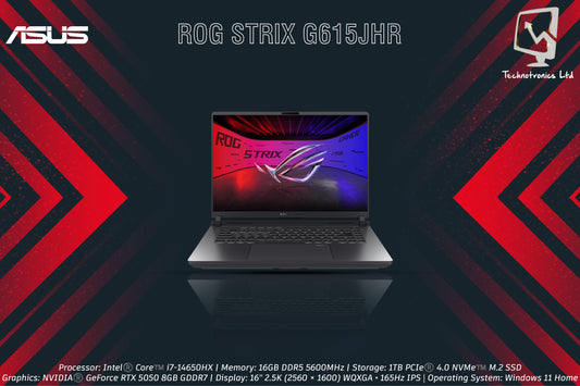 ASUS ROG STRIX G615JHR | Processor: Intel®️ Core™️ i7-14650HX | Memory: 16GB DDR5 5600MHz | Storage: 1TB PCIe®️ 4.0 NVMe™️ M.2 SSD | Graphics: NVIDIA®️ GeForce RTX 5050 8GB GDDR7