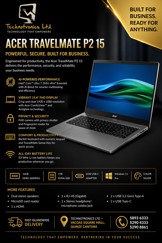 Acer TravelMate P2 15|  Intel Core Ultra 7 255U |  16GB DDR5 RAM | 1TB NVMe SSD
