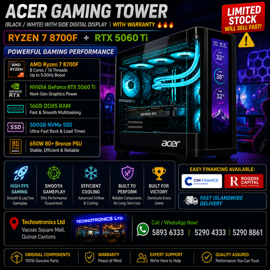 ACER GAMING TOWER (BLACK / WHITE) WITH SIDE DIGITAL DISPLAY+ RYZEN 7 8700F + RTX 5060 Ti 💥