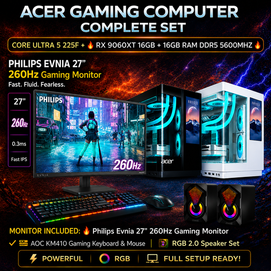 ACER GAMING COMPLETE SET (BLACK / WHITE) | CPU: Intel Core Ultra 5 225F | 16GB DDR5 @ 5600MHz | 500GB NVMe Gen 4 | ASRock RX 9060XT 16GB