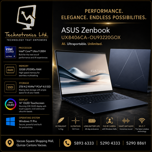 ASUS Zenbook UX3405CA-OU93210S5X | Processor: Intel®️ Core™️ Ultra 9 285H | Memory: 32GB LPDDR5x RAM | Storage: 1TB M.2 NVMe
