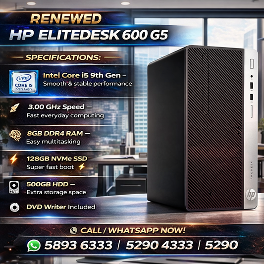 HP ELITEDESK 600 G5- Core i5 9th gen, 8 GB Ram, 128GB NVME+ 500 GB Hard Disk