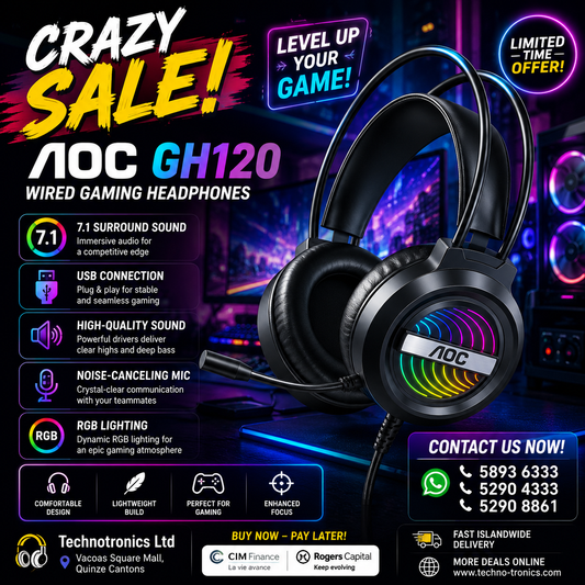 AOC GH120 Wired Gaming Headphones Black USB Jack RGB Phantom 7.1 Channel Glow
