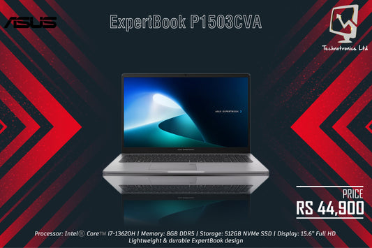 Asus ExpertBook P1503CVA-I716512GMU1W | Processor: Intel®️ Core™️ i7-13620H | Memory: 8GB DDR5 | Storage: 512GB NVMe SSD | Display: 15.6” Full HD