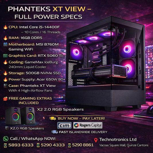 PHANTEKS XT VIEW Tower | CPU: Intel Core i5-14400F | RAM: 16GB DDR5 | Storage: 500GB NVMe SSD | Graphics Card: RTX 5060 Ti
