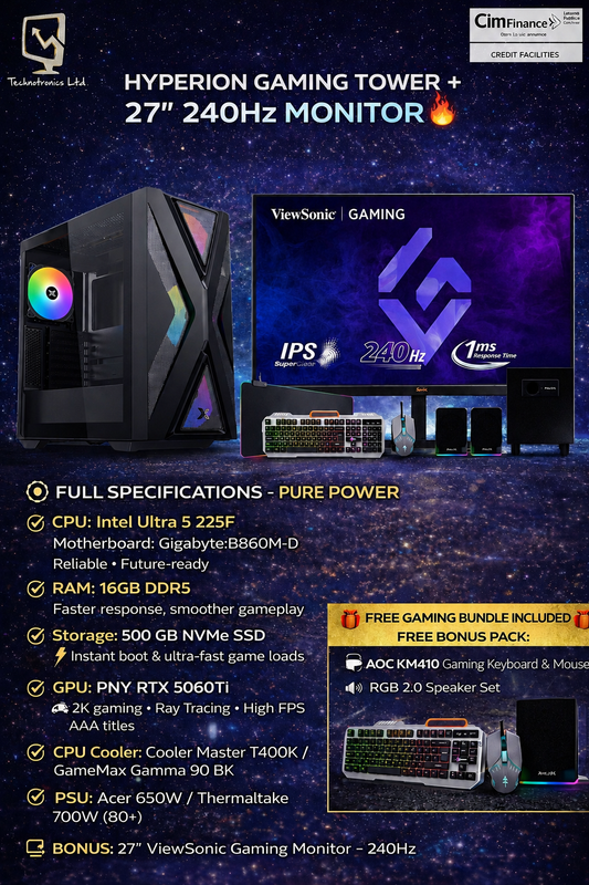 HYPERION GAMING SET -Intel Ultra 5 225F + RTX 5060 Ti - 27” 240Hz MONITOR