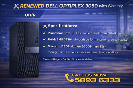 Dell Optiplex 3050 | Processor: Core i5 | RAM: 8 GB DDR4 | Storage: 128GB Nvme + 500 GB Hard Disk